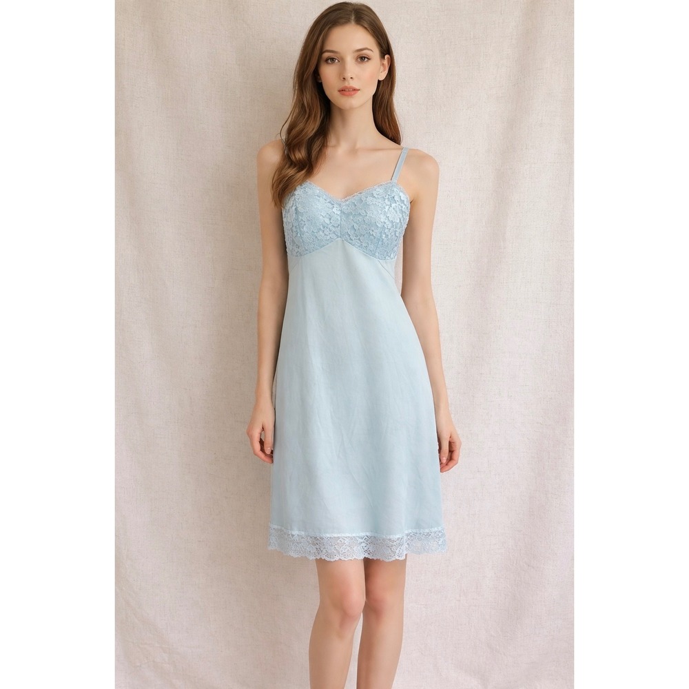 Opalaire Full Slip Dress Womens 38 Blue Excellent Vintage Lace Trim Made in USA